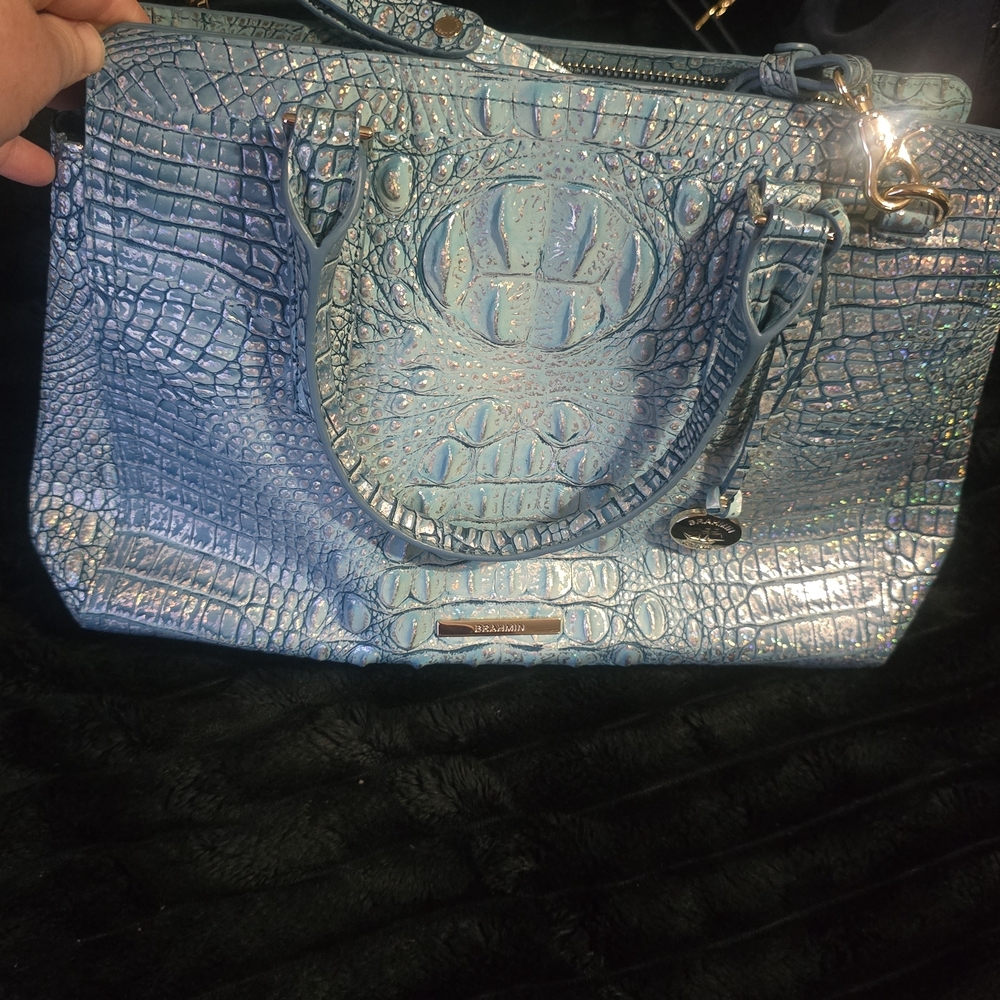 Brahmin Iridescent Blue Crocodile Embossed Crossbody Bag